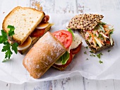 Close-up of three different types of sandwiches baked