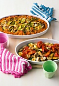 Millet casserole and roasted vegetables in serving dish