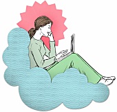 Illustration, Frau, sitzt auf Wolke, arbeiten, Arbeit, Notebook, Handy