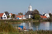View of wooden chapel and fishing Durgerdam in Noord, Amsterdam, Netherlands