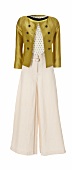 Golden blazer with white pants on white background