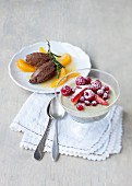 Chocolate cream with oranges and poppyseed mousse with berries