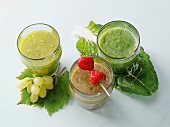 Jars of green smoothies for breaking fast, overhead view
