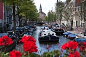 View of boats in canal, Bloemgracht, Amsterdam, Netherlands