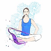 Woman wearing sportswear performing pilates exercise with resistance band, illustration