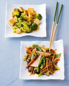 Broccoli with sesame tofu, stir fry vegetables with tofu on square plate