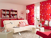Living room in shades of red with sofa couch