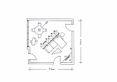 Illustration of floor plan with diagonal living room, dining area and lounge area