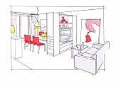 Illustration of living room, dining room and lounge area