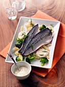 Mackerel with broccoli and dill on plate