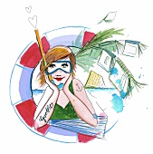 Illustration, Frau, Schwimmring, Urlaub, Bücher, Taucherbrille, Palme
