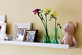 Close-up of wall shelf decorated with framed pictures, glass flower vases and plush toy