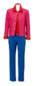 Blue trousers and pink jacket over red blouse on mannequin against white background