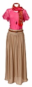 Pink lace top, brown long skirt with belt and scarf on mannequin against white background