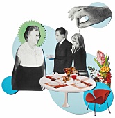 Illustration of coffee table and couple with mother