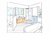Illustration of bathroom with all the corners occupied