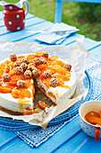 Rice pudding with apricot pie on baking paper