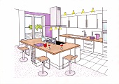 Illustration of kitchen with kitchen island as dining table