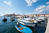 View of moored boats at harbour in Istria, Rovinj, Croatia