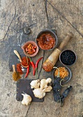 Variety of spices on wooden platform