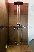 Head shower and water jet in brown tiled bathroom