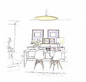 Illustration of dining room with table, chairs and chandelier