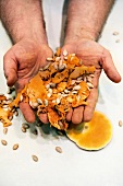 Close-up of man holding pumpkin seeds