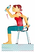Illustration of woman exercising with water bottles to get relief from neck pain
