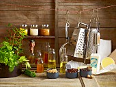 Assorted cooking utensils and ingredients