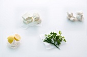 Four different ingredients used in grilling on white background