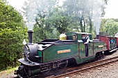 People in narrow gauge railway at Snowdonian National Park, Wales, UK