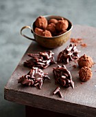 Chocolate-coated slivered almonds and macadamia nuts