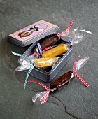 Wrapped peanut caramels and chocolate caramels in box