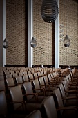 Close-up of auditorium seats in university, Aarhus, Denmark