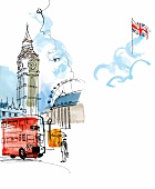 Illustration, London, Big Ben, Londonbus, London Eye, typisch