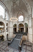 View of stairway at entrance of New Town Hall in Hannover, Germany