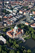 Aerial view of Maschpark, Maschteich and New Town Hall in Hannover, Germany