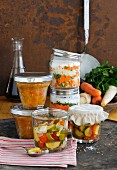 Spicy courgettes, tomato chutney and soup seasonings in jars