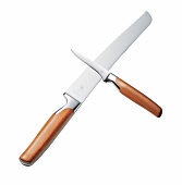 Knifes with plum wood handles crosswise on white background