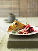 Mangold bag with beetroot and apple salad on plate