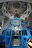 Low angle view of pulpit blue staircase at Abuhav Synagogue, Safed, Israel