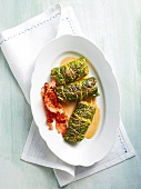 Three stuffed cabbage rolls with cumin and marjoram on plate, Bavaria, Germany
