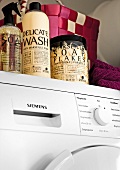 Laundry care products on washing machine