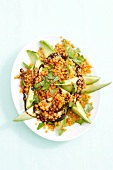Avocado and lentil salad on plate