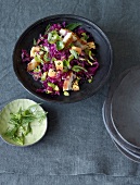 Brussels sprouts and ginger salad in serving dish