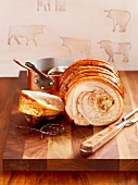Veal tenderloin on chopping board, Bavaria, Germany