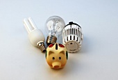 Energy saving bulbs, heating controller and piggy bank on white background