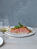 Sous vide salmon with sofrito on plate