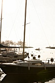 Boats moored in Lake Geneva at Lausanne, Canton of Vaud, Switzerland