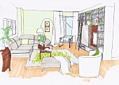 Illustration of kitchen cabinet, bed, toys, and floor lamp in living room